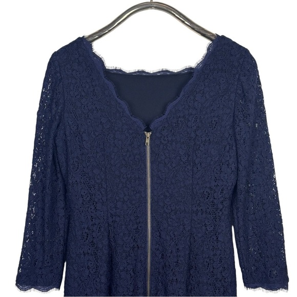 ADRIANNA PAPELL NAVY BLUE SCALLOPED LACE 3/4 SLEEVE SHEATH COCKTAIL DRESS - Picture 9 of 13